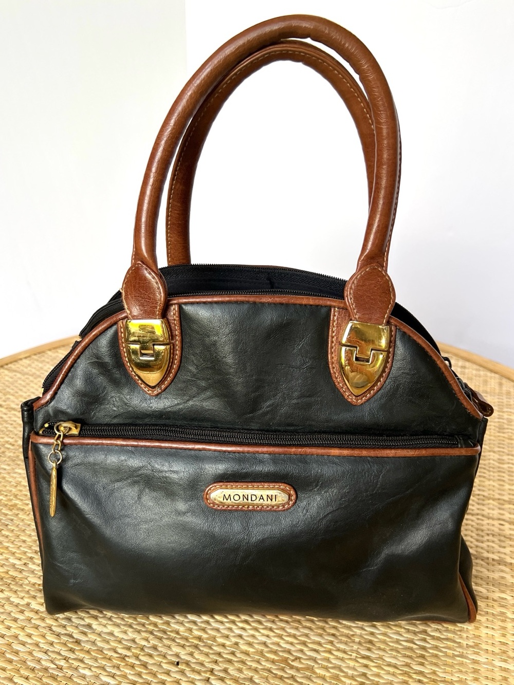 Mondani leather bowler handbag black brown leather gold-tone hardware soft